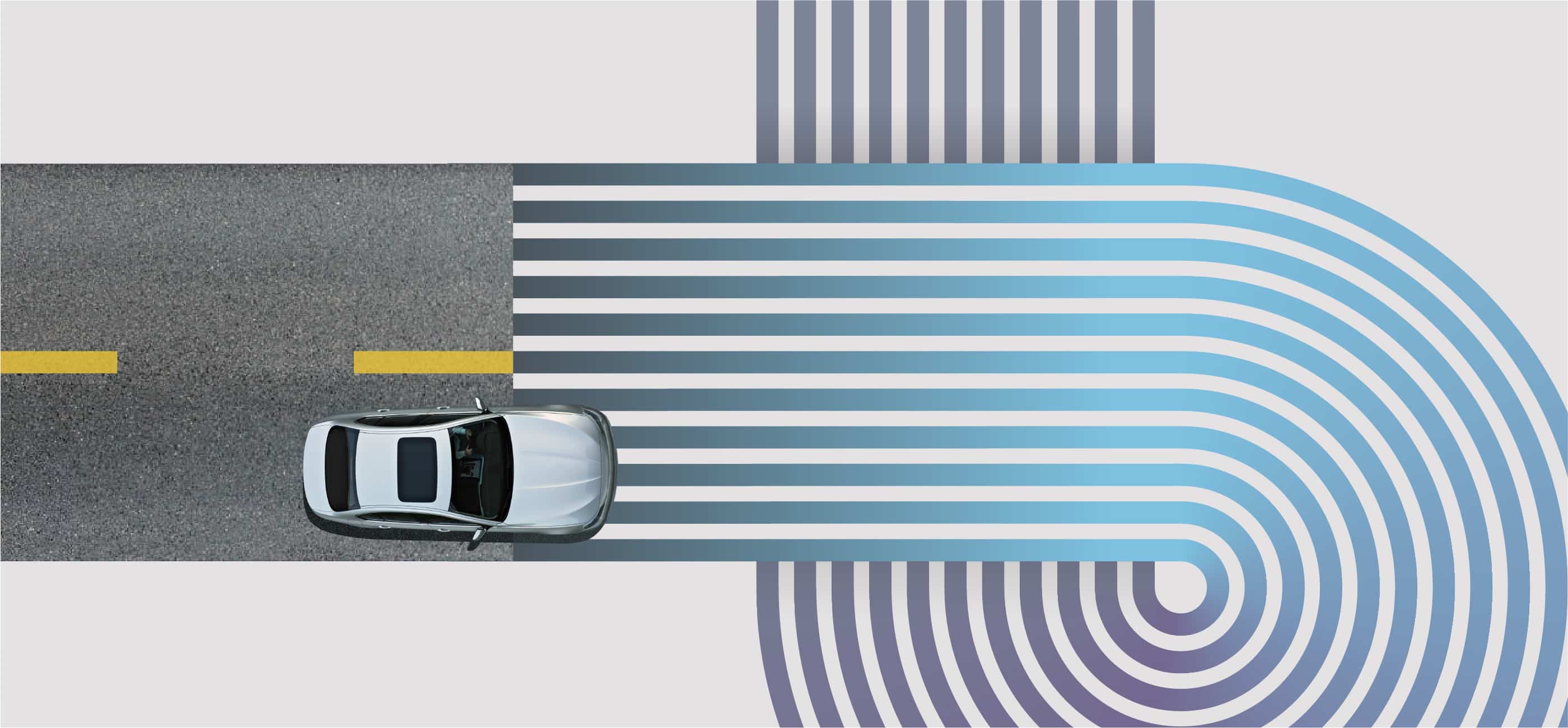 Overhead image of a silver car driving on a road into a blue and purple striped circular graphic on grey background