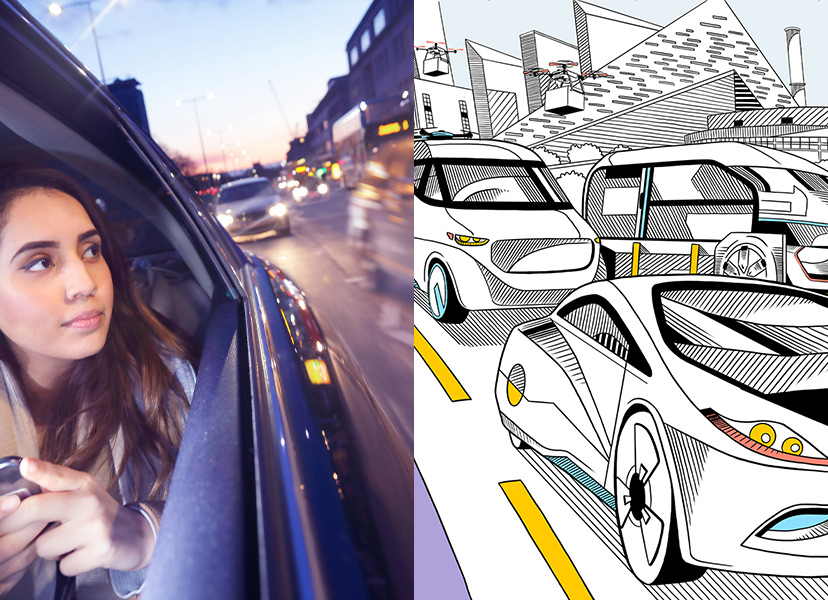Young woman in the back of a rideshare service next to a pencil drawing of a busy road
