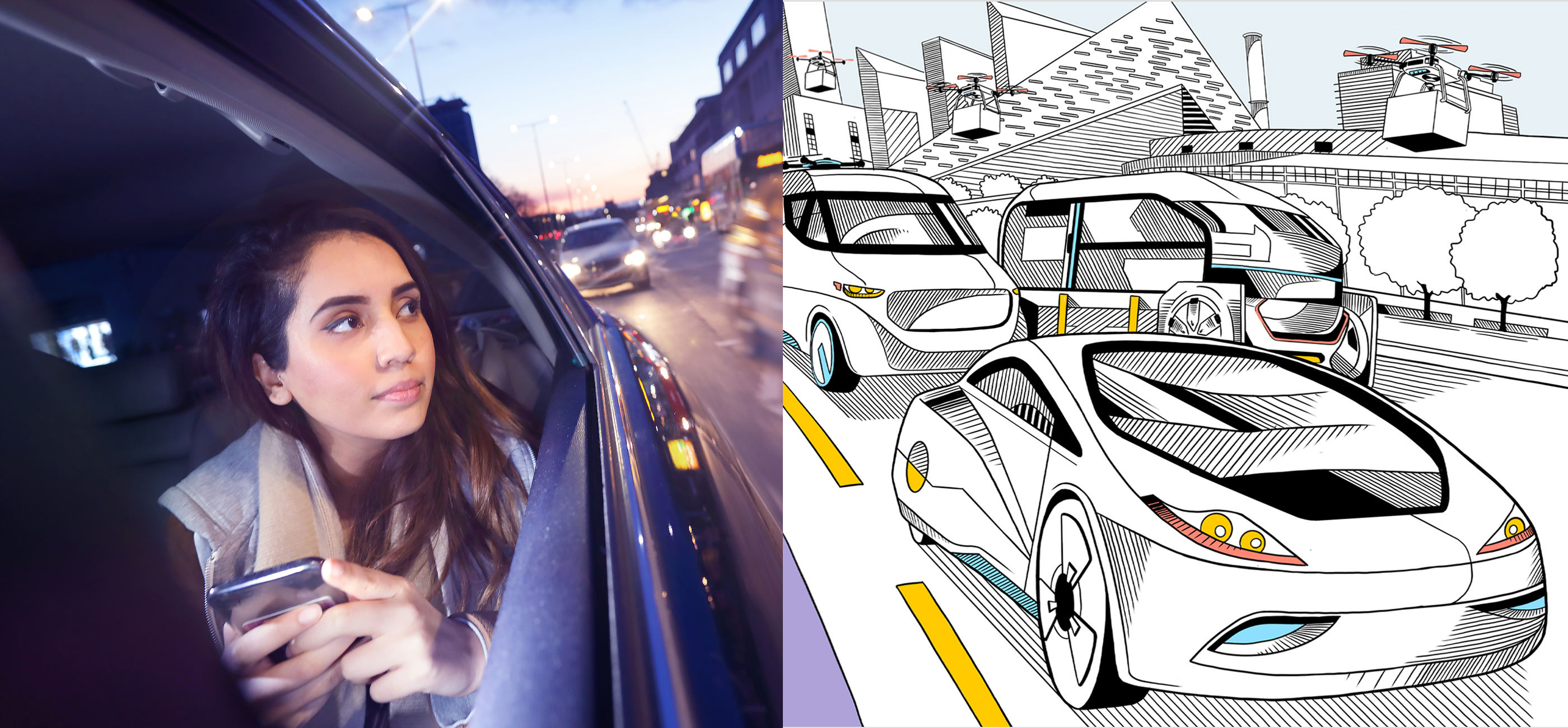 Young woman in the back of a rideshare service next to a pencil drawing of a busy road